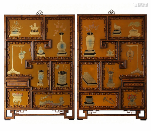 A Chinese Carved Hardwood Hanging Screens with Hardstone Inl...