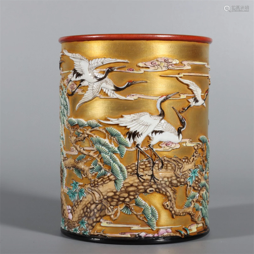 A Chinese Golden Ground Enamel Glazed Porcelain Brush Pot