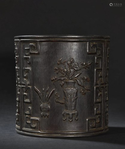 A Chinese Carved Hardwood Brush Pot