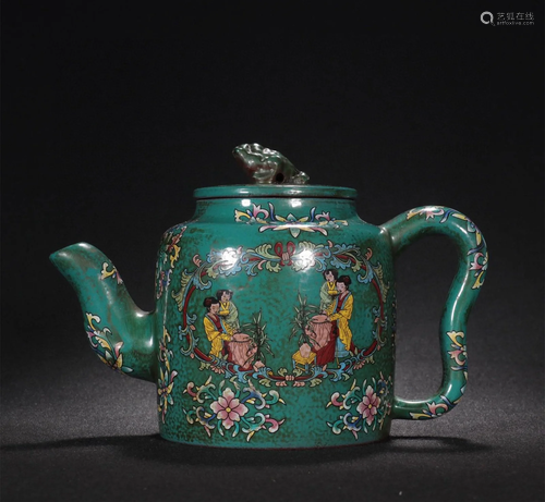 A Chinese Enamel Glazed Carved Yixing Clay Tea Pot