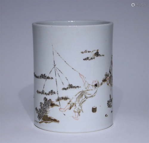 A Chinese Famille-Rose Glazed Porcelain Brush Pot