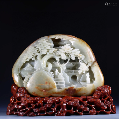 A Chinese Carved Jade Decoration with Hardwood Stand