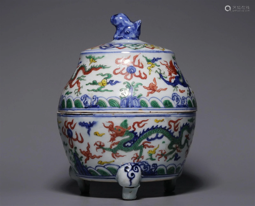 A Chinese Wu-Cai Glazed Porcelain Incense Burner with Lid