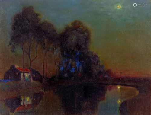 Charles Rollo Peters (1862-1928) Moon over a pool 19 x 25 in...