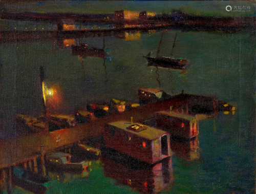 Charles Rollo Peters (1862-1928) Houseboats and Wharf Noctur...