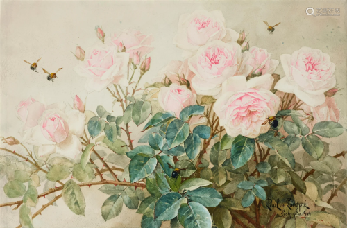 Paul de Longpre (1855-1911) Roses sight 16 1/2 x 25 in. fram...