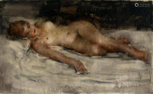 Grigory Gluckmann (1898-1973) Reclining nude 5 7/8 x 8 1/4 i...