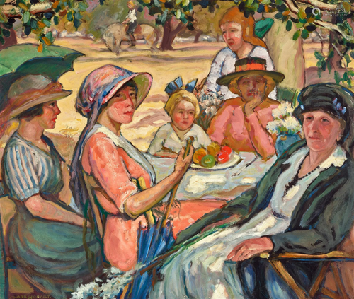 Clark Hobart (1868-1948) Garden Party 35 x 41 in. framed 39 ...