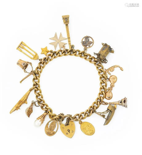 A charm bracelet with assorted charms,
