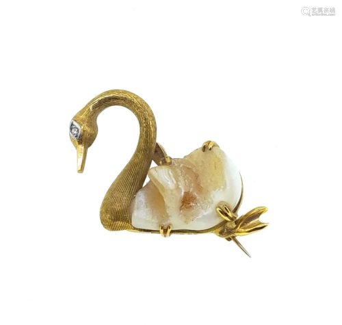 An 18ct gold pearl and diamond swan brooch,