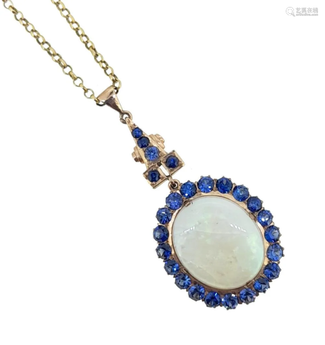 An opal and sapphire cluster pendant and chain,
