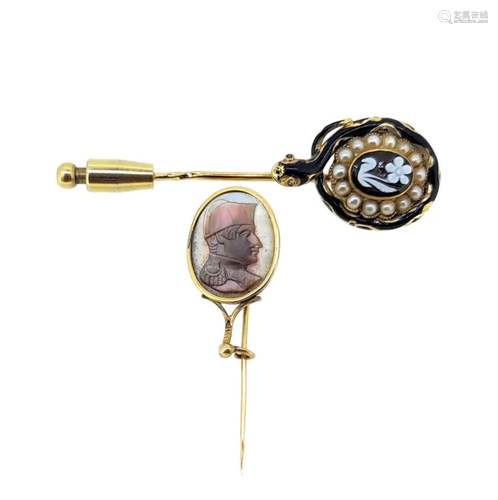 An enamelled mourning stick pin, together with a cameo stick...