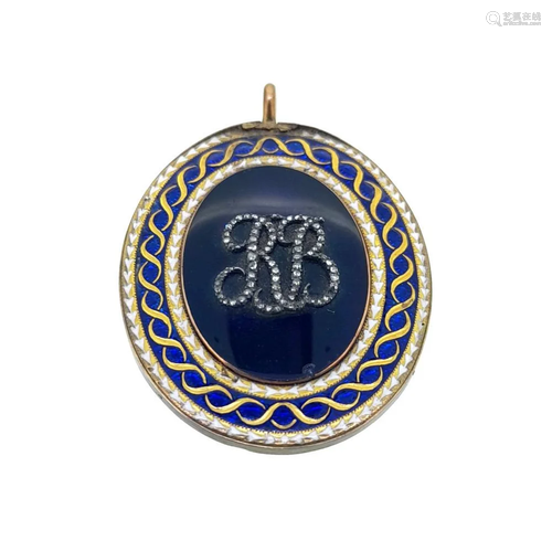 An enamel and diamond memorial pendant with monogram,