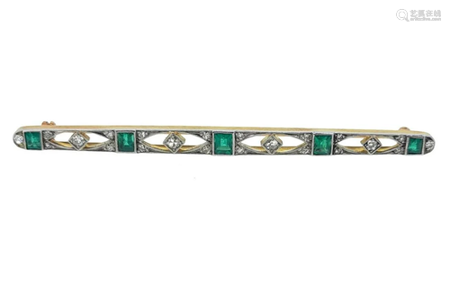 An emerald and diamond Art Deco bar brooch,