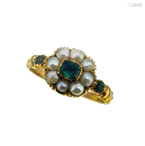 A Georgian emerald and pearl memorial ring,