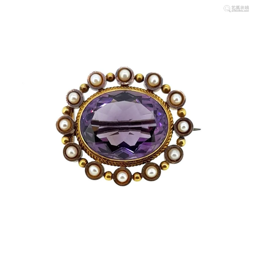 An amethyst and split pearl brooch,