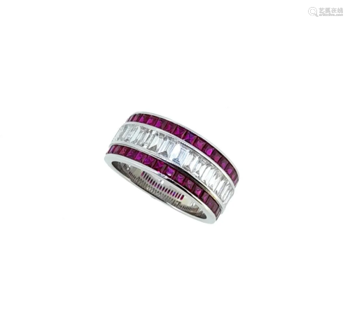 A ruby and diamond half hoop style ring,