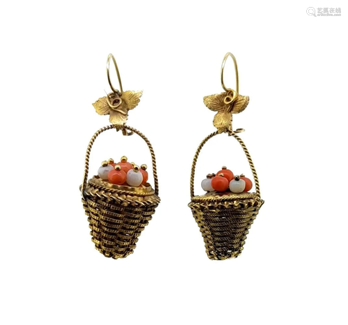 A pair of coral basket ear pendants,