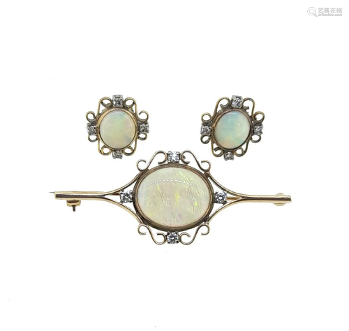 An opal and diamond brooch, together with matching ear studs...