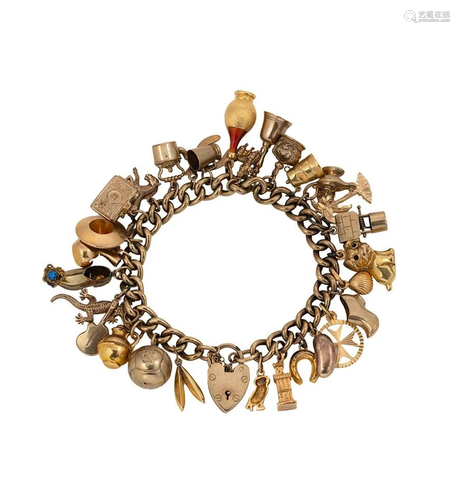 A charm bracelet with assorted charms,