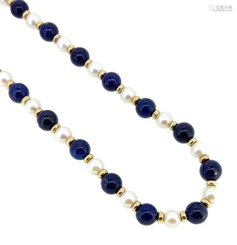 A lapis and pearl necklace,