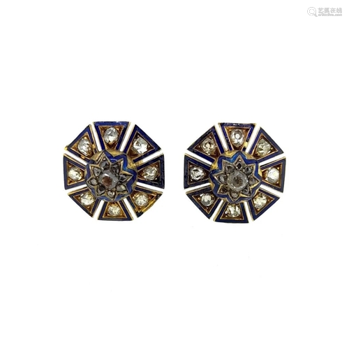 A pair of diamond and enamel ear studs,