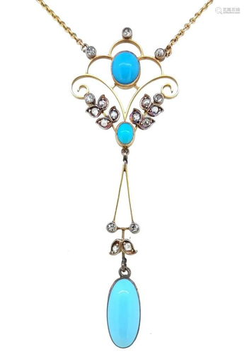 An Art Nouveau turquoise and diamond necklace,