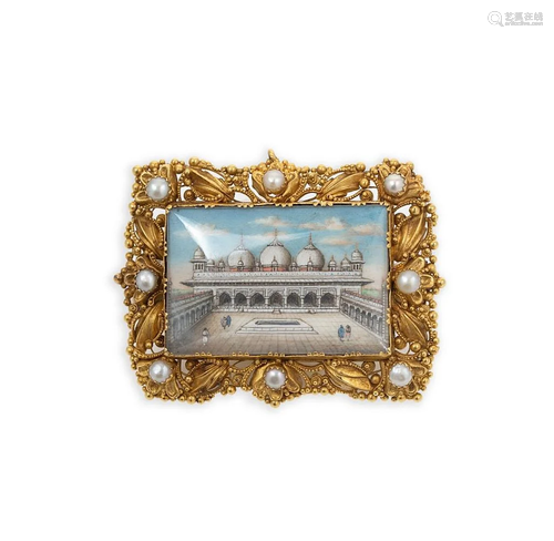 Y A 19th century painted miniature split pearl brooch,