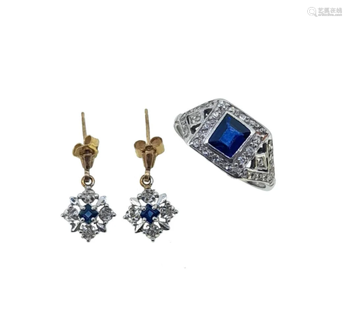 An Art Deco sapphire ring, together with a pair of ear penda...