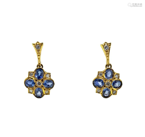 A pair of sapphire and diamond ear pendants,