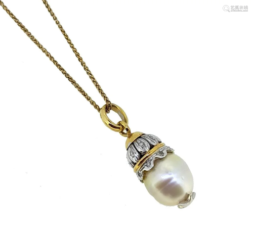 A pearl and diamond pendant and chain,