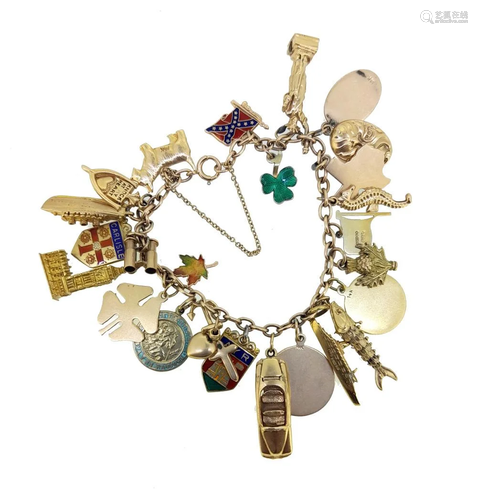 A charm bracelet with assorted charms,