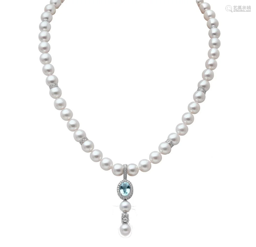 A cultured pearl necklace with a paraiba tourmaline and diam...