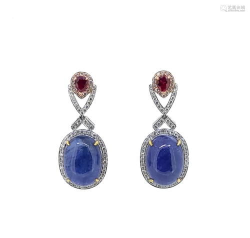 A pair of tanzanite, ruby and diamond ear pendants,