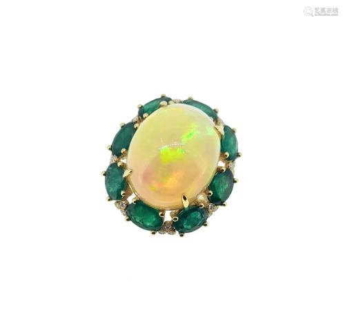An opal, emerald and diamond cluster ring,