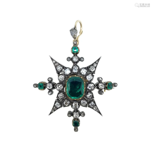 An emerald and diamond pendant/brooch,