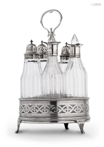 A George III 18th century silver table cruet set and stand b...