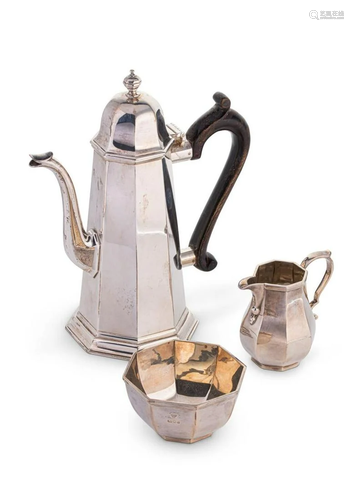 A late 20th century silver bachelor's three-piece coffe...