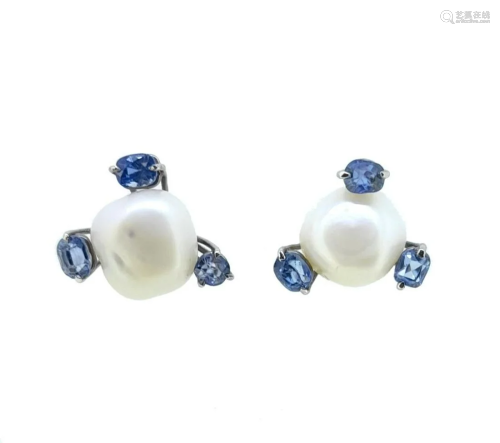 A pair of pearl and sapphire ear studs,