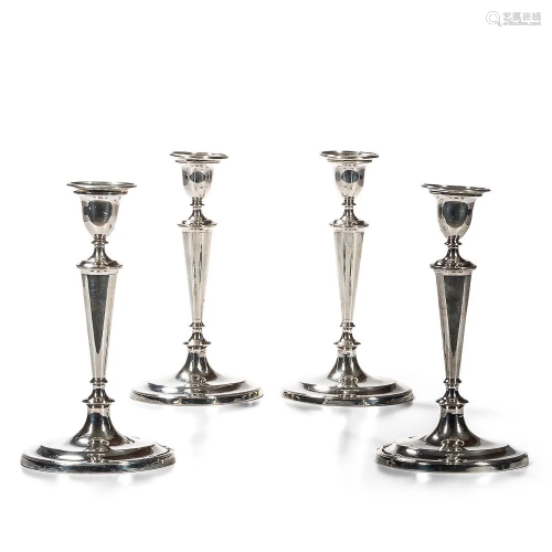 Four George III Sterling Silver Candlesticks with Wooden Cas...