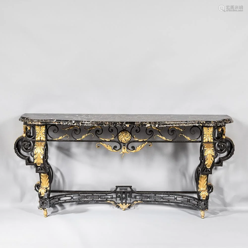 Two Wrought Iron and Marble Console Tables