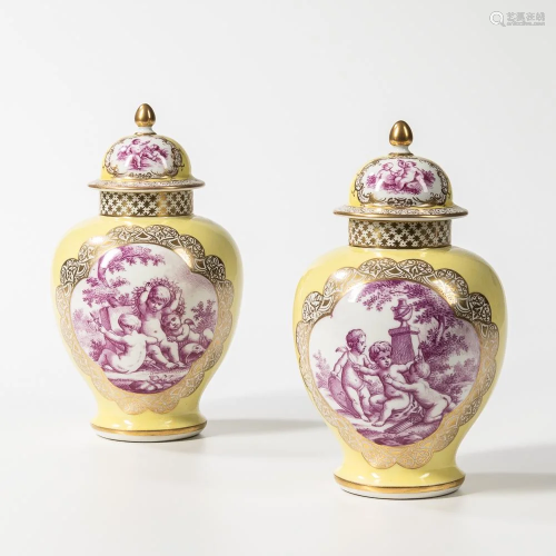 Pair of Yellow Ground Augustus Rex-style Porcelain Vases