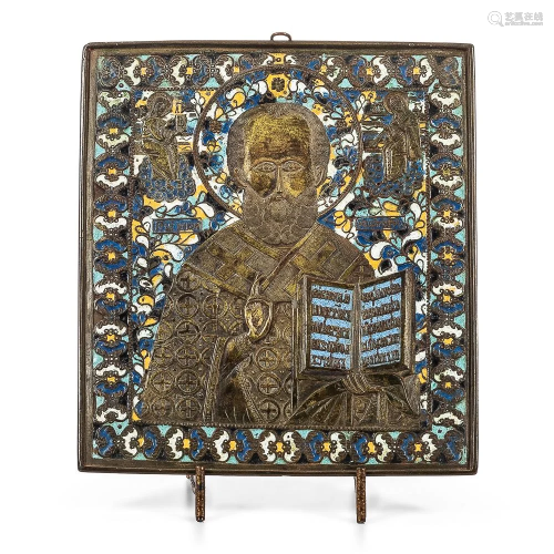 Enameled Brass Russian Icon of Saint Nicholas