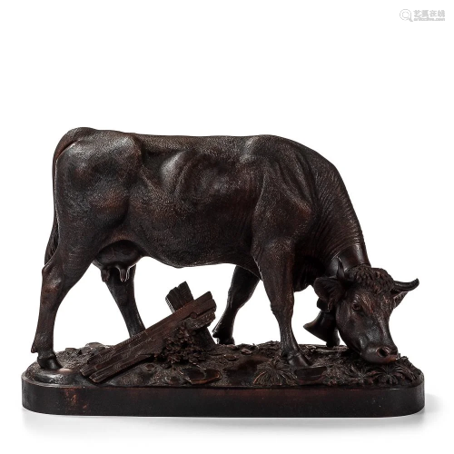 Carved Hardwood Model of a Cow Grazing