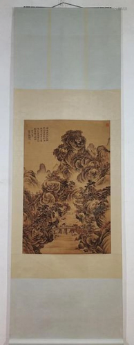 Landscape silk scroll by Qian Weicheng