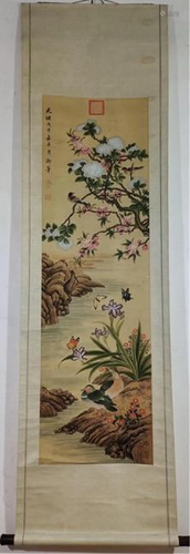 Birds flowers silk scroll by Ci Xi