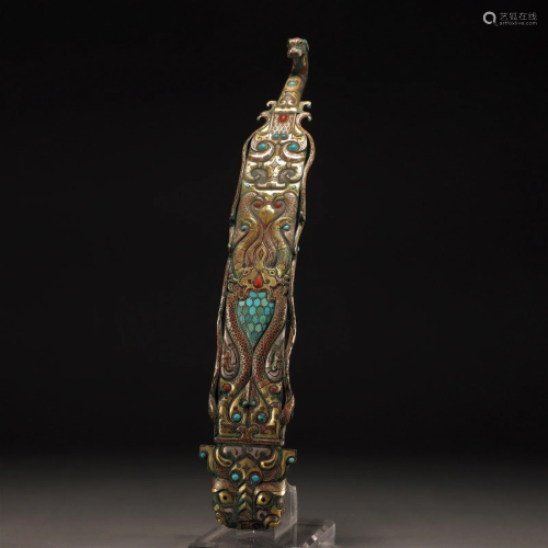 A Chinese Turquoise Inlaid Gold and Silver Bronze Belt-hook