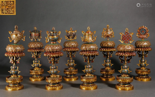 A Rare Tibetan Cloisonne Enamel Eight Auspicious Items