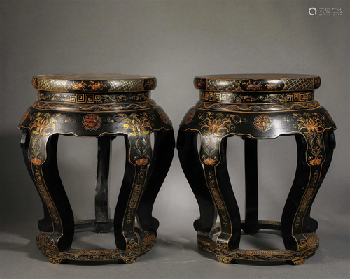 Pair Chinese Lacquer and Gilt Garden Stools