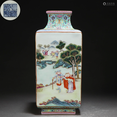 A Chinese Famille Rose Landscape Squared Vase